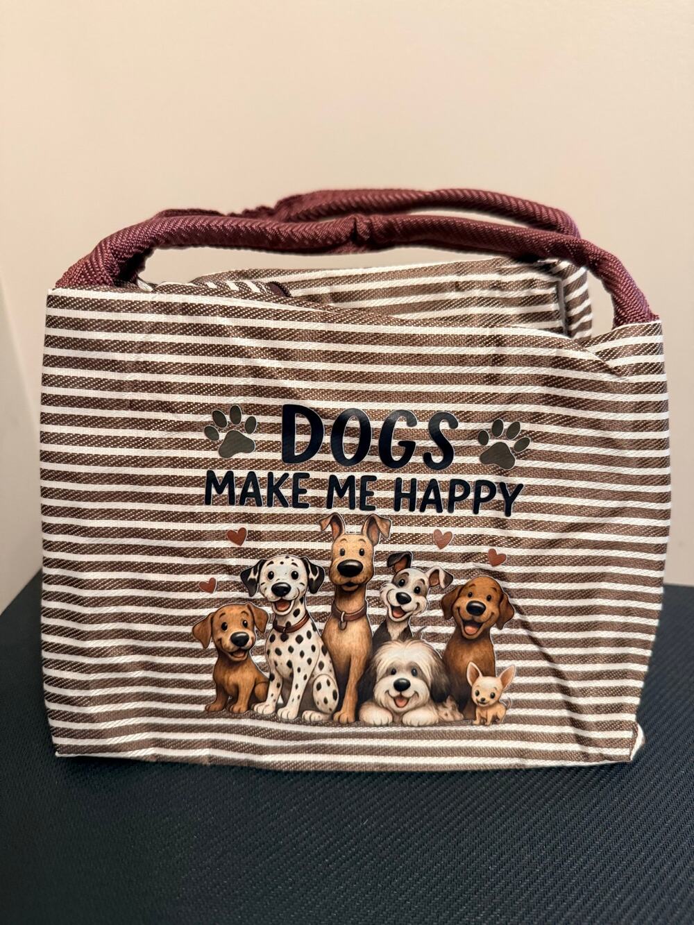 New puppy-themed insulated lunch bag, brown striped pattern Dogs Make Me Happy